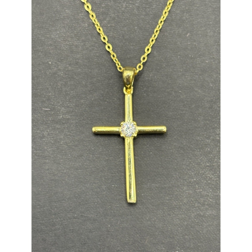 18" New Condition Gold Sterling Silver Moissanite Cross Pendant Necklace GRA